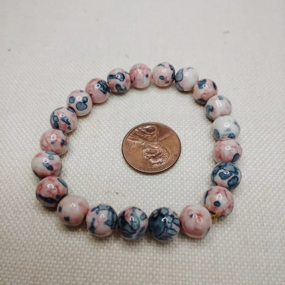 Rain Flower Jade Stretch Bracelet Pink Blue Marbled Stone Beads